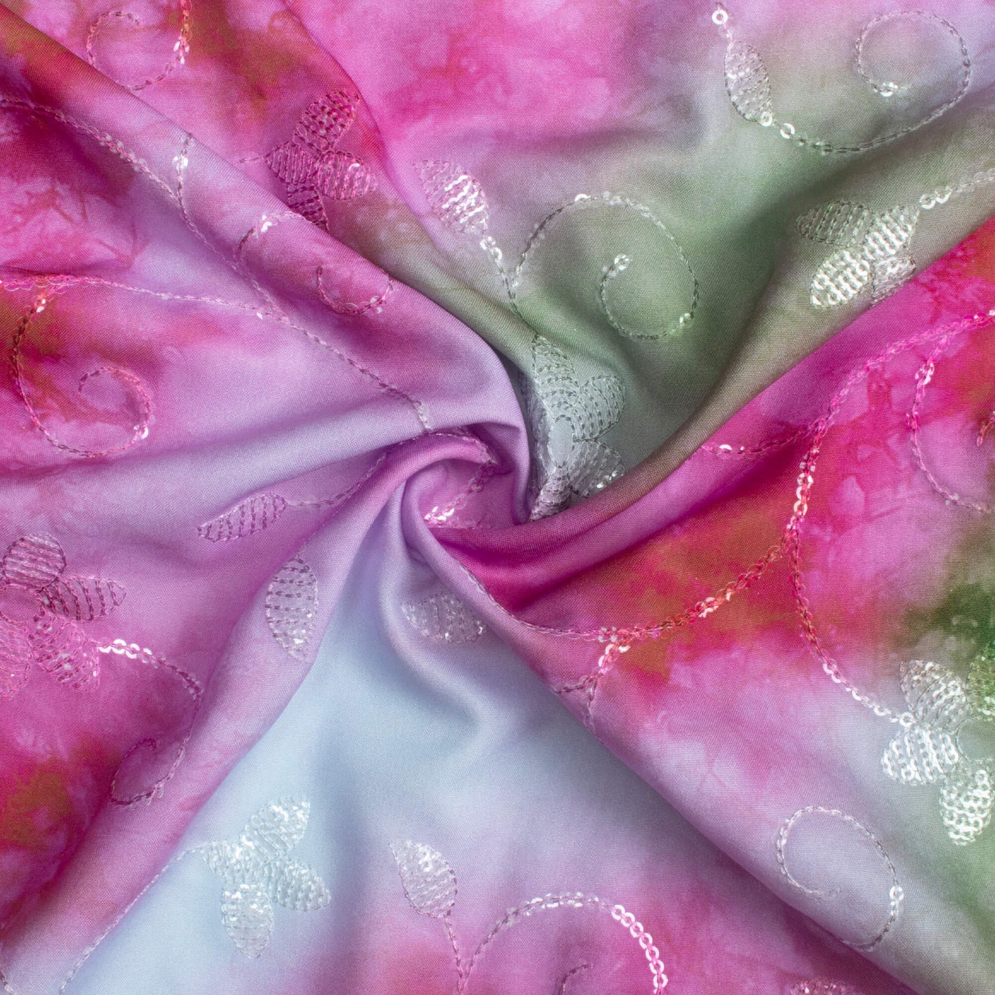 Deep Pink And Pale Blue Tie & Dye Pattern Digital Print Floral Sequins Embroidery Ultra Premium Butter Crepe Fabric