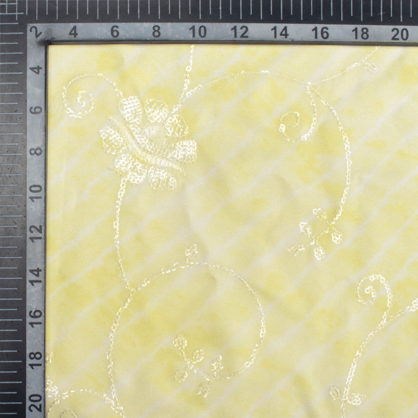 Pale Yellow Tie & Dye Pattern Digital Print Floral Sequins Embroidery Ultra Premium Butter Crepe Fabric
