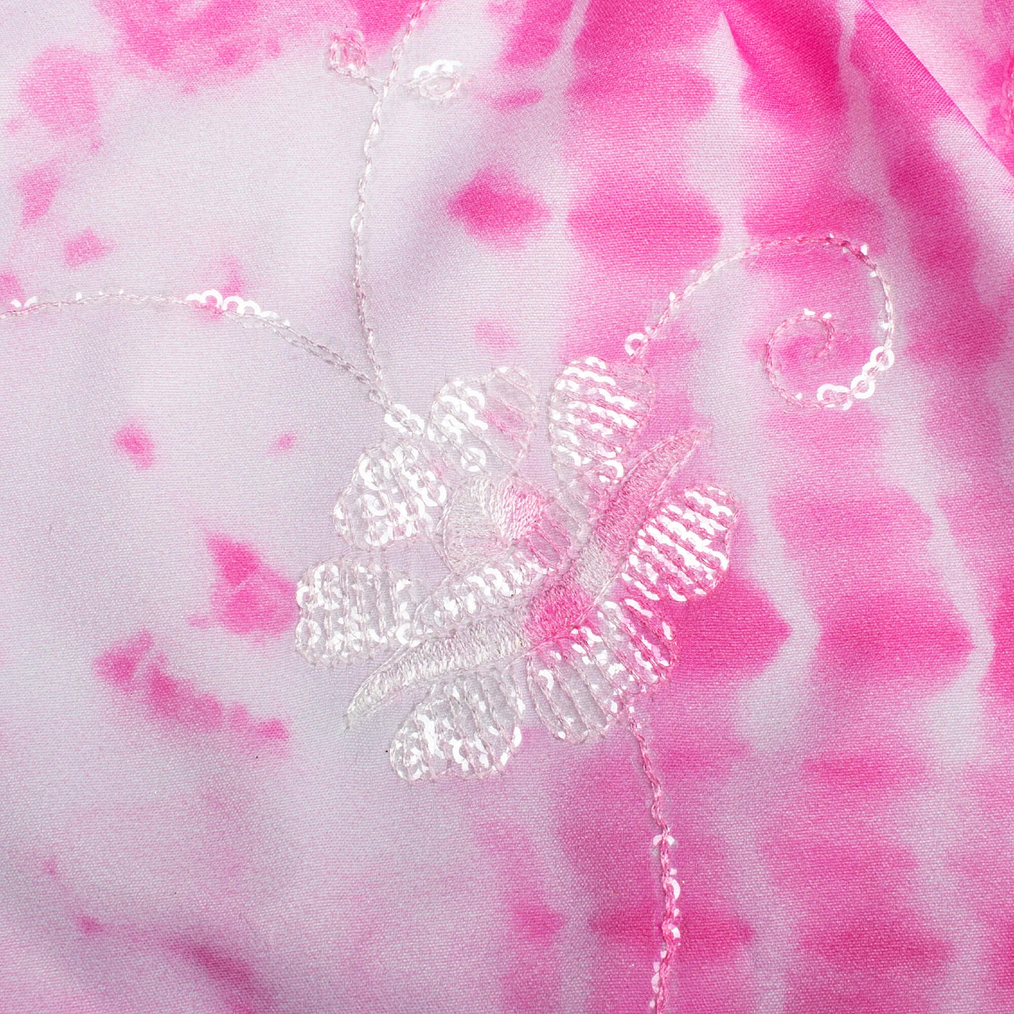 Hot Pink And White Shibori Pattern Digital Print Floral Sequins Embroidery Ultra Premium Butter Crepe Fabric