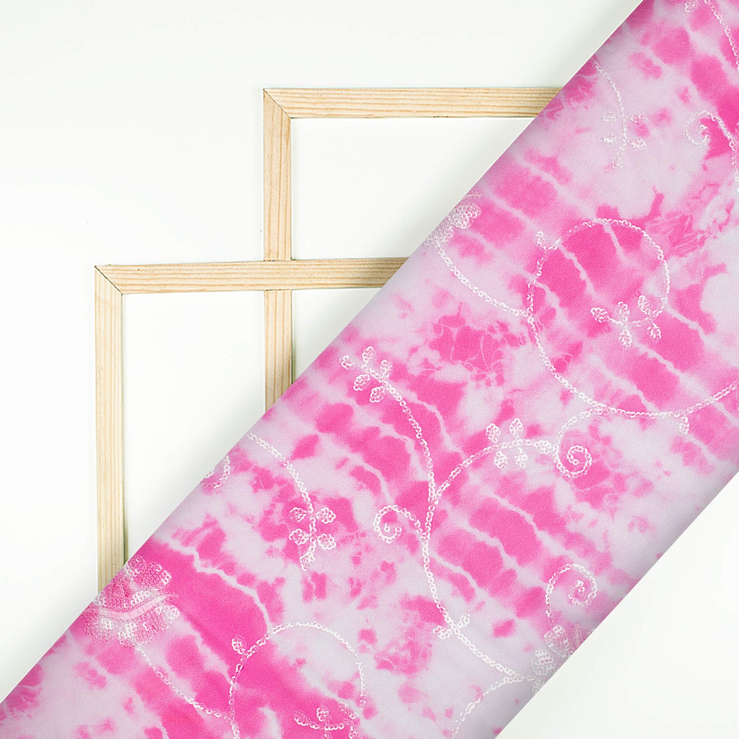 Hot Pink And White Shibori Pattern Digital Print Floral Sequins Embroidery Ultra Premium Butter Crepe Fabric