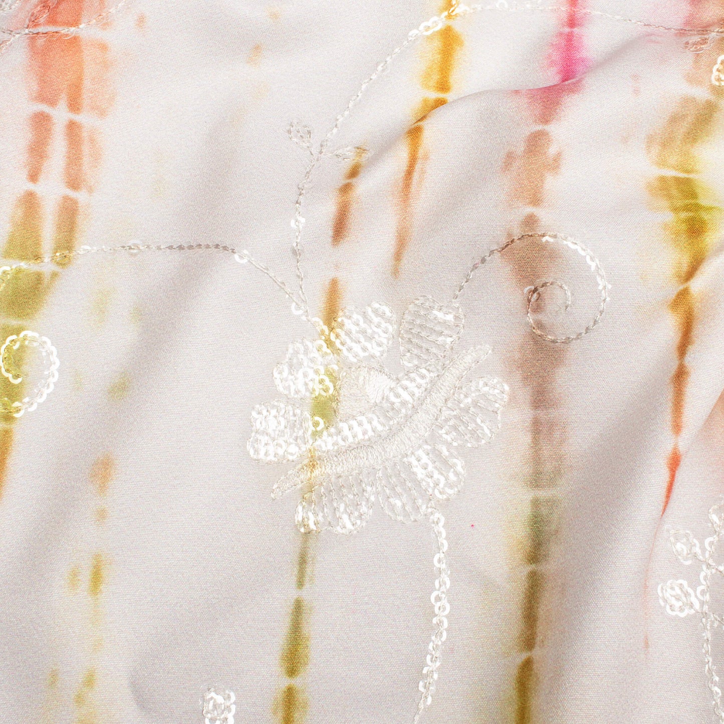 Off White And Orange Shibori Pattern Digital Print Floral Sequins Embroidery Ultra Premium Butter Crepe Fabric