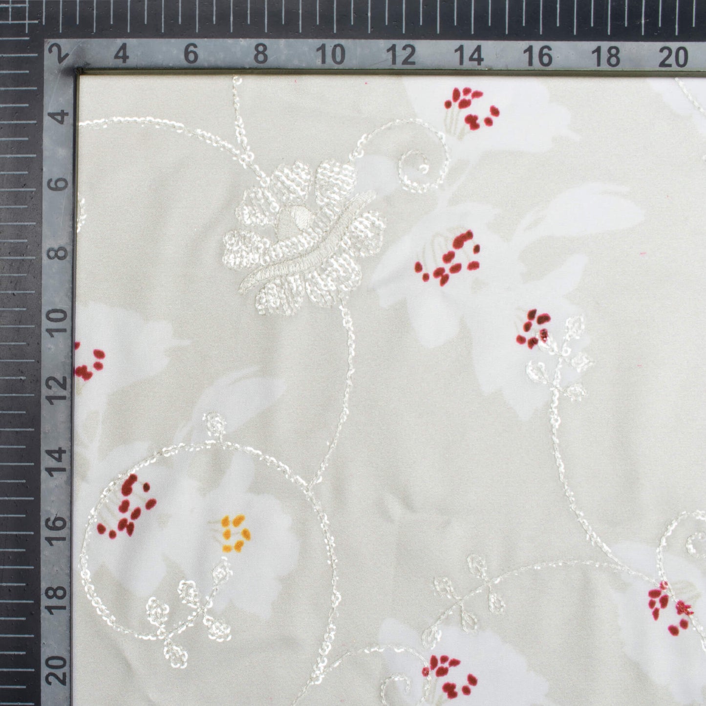 Cloud Grey And White Floral Pattern Digital Print Floral Sequins Embroidery Ultra Premium Butter Crepe Fabric