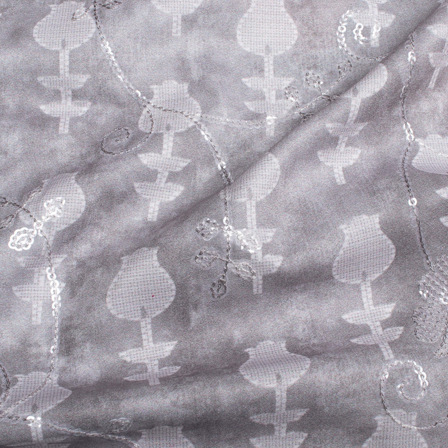 Lava Grey Floral Pattern Digital Print Floral Sequins Embroidery Ultra Premium Butter Crepe Fabric