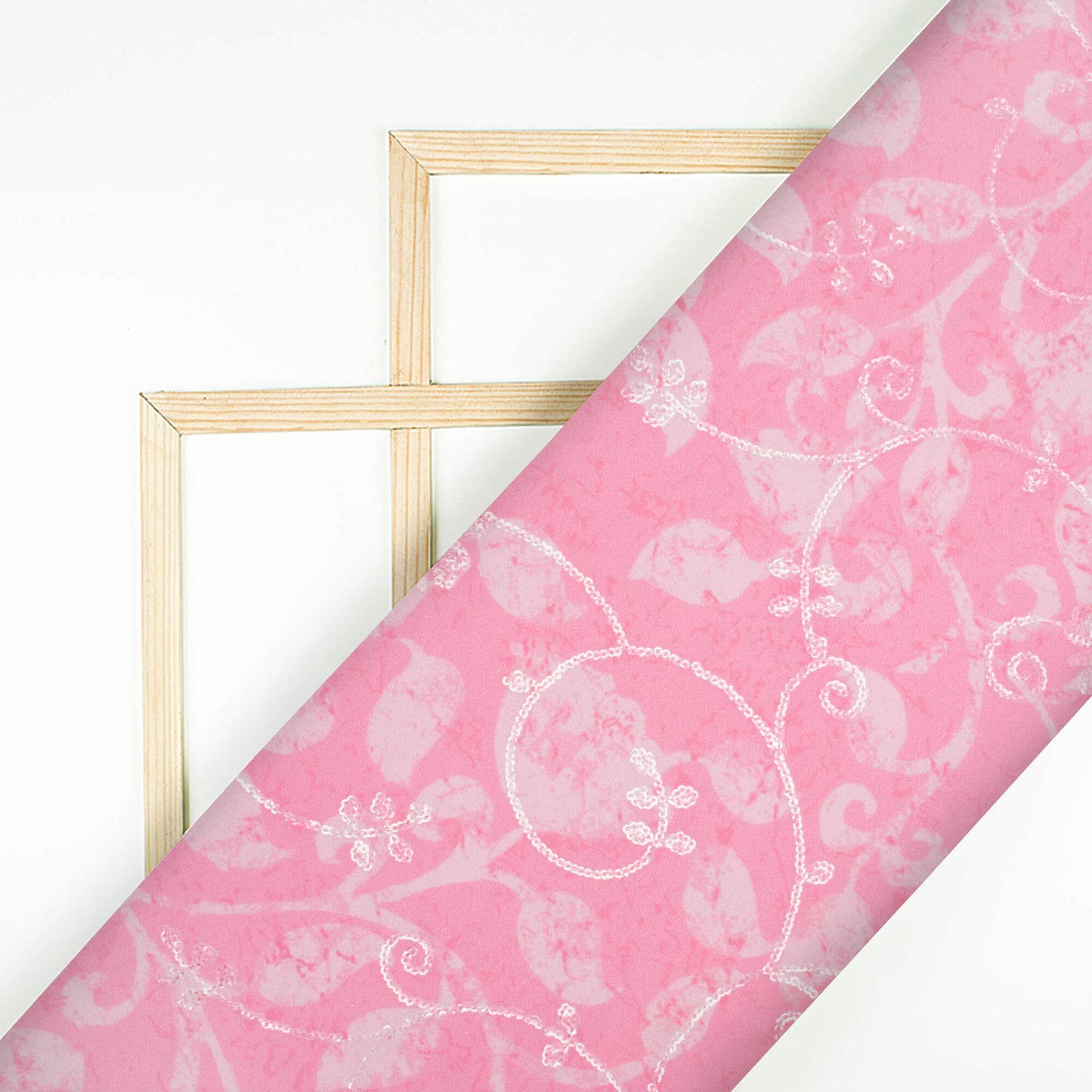 Taffy Pink And Off White Floral Pattern Digital Print Floral Sequins Embroidery Ultra Premium Butter Crepe Fabric
