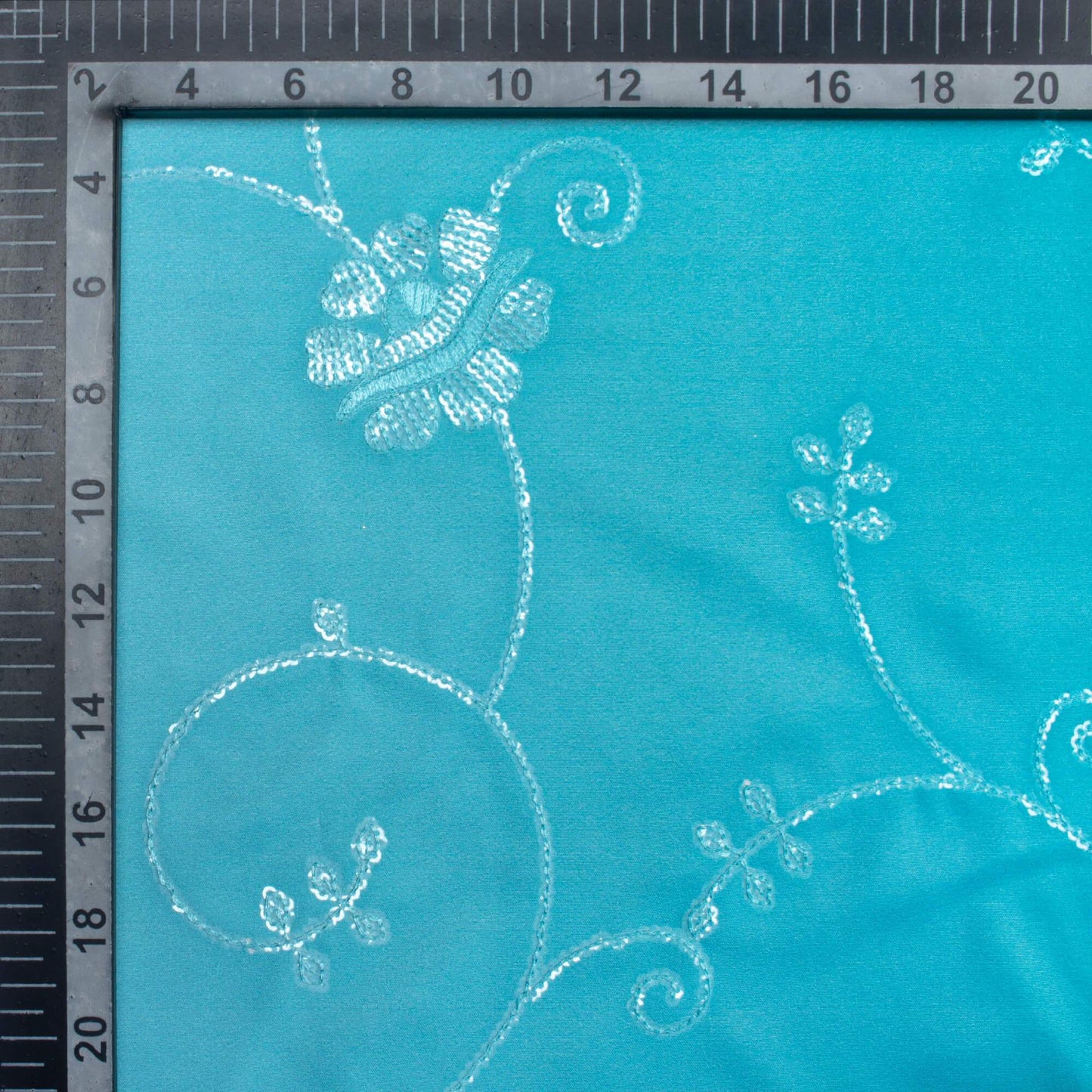 (Cut Piece 1.8 Mtr) Blue Ombre Pattern Digital Print Floral Sequins Embroidery Ultra Premium Butter Crepe Fabric