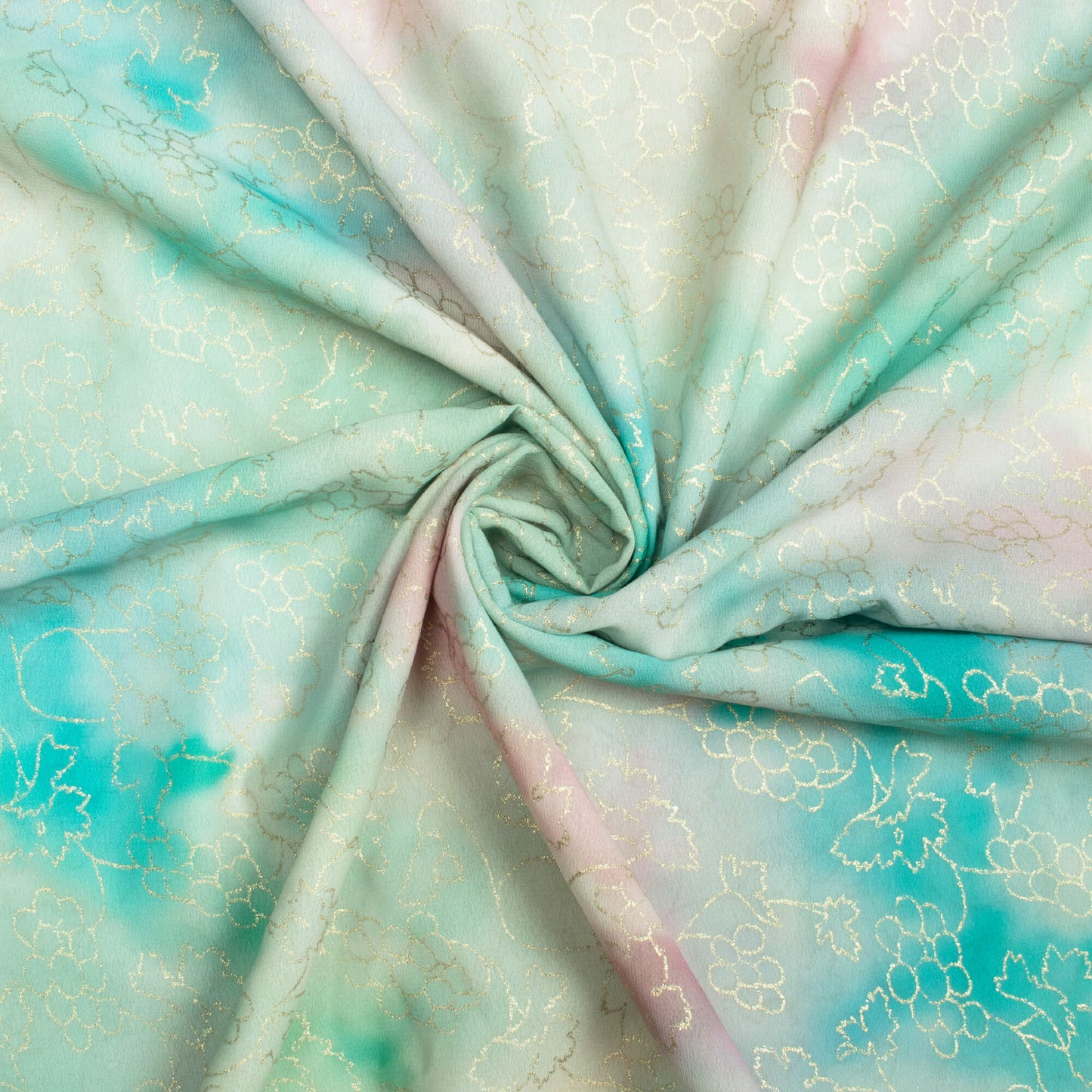 Pastel Green And Taffy Pink Tie & Dye Pattern Foil Digital Print Georgette Fabric
