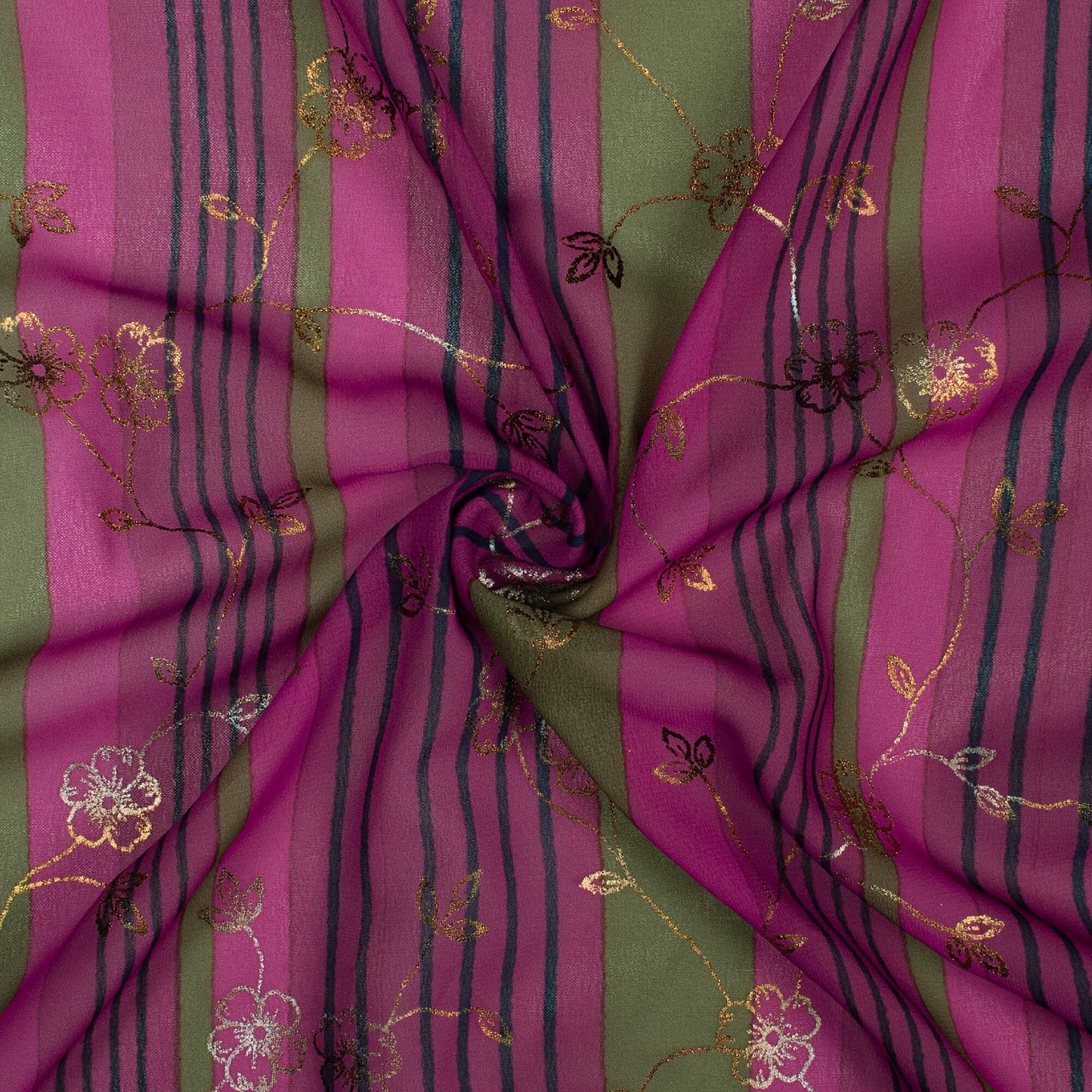 Dark Pink And Olive Green Stripes Pattern Foil Digital Print Georgette Fabric