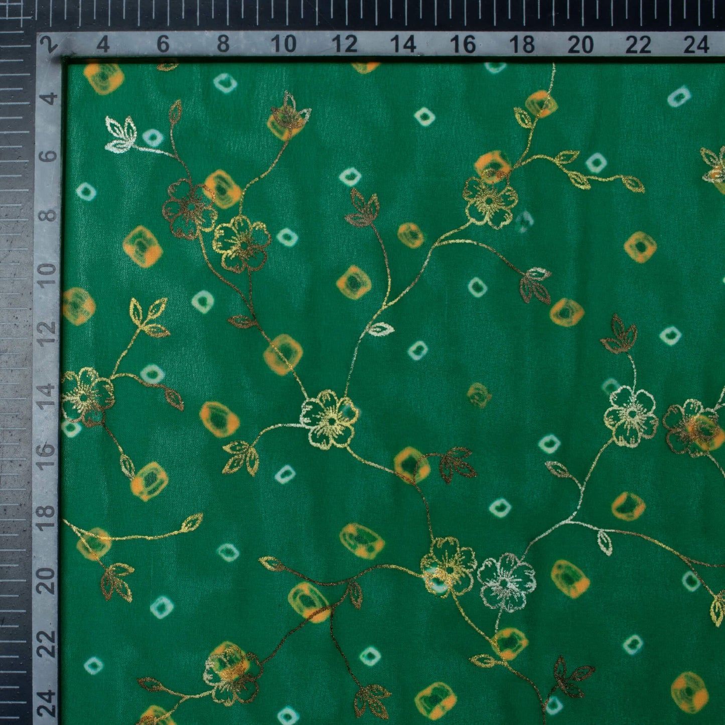 Basil Green And Yellow Bandhani Pattern Foil Digital Print Georgette Fabric