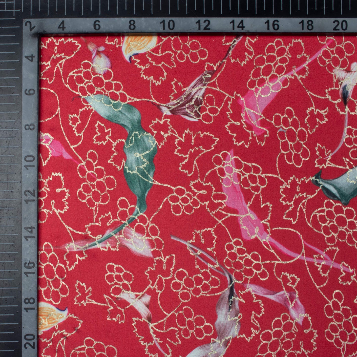 Vermilion Red And Green Leaf Pattern Foil Digital Print Japan Satin Fabric
