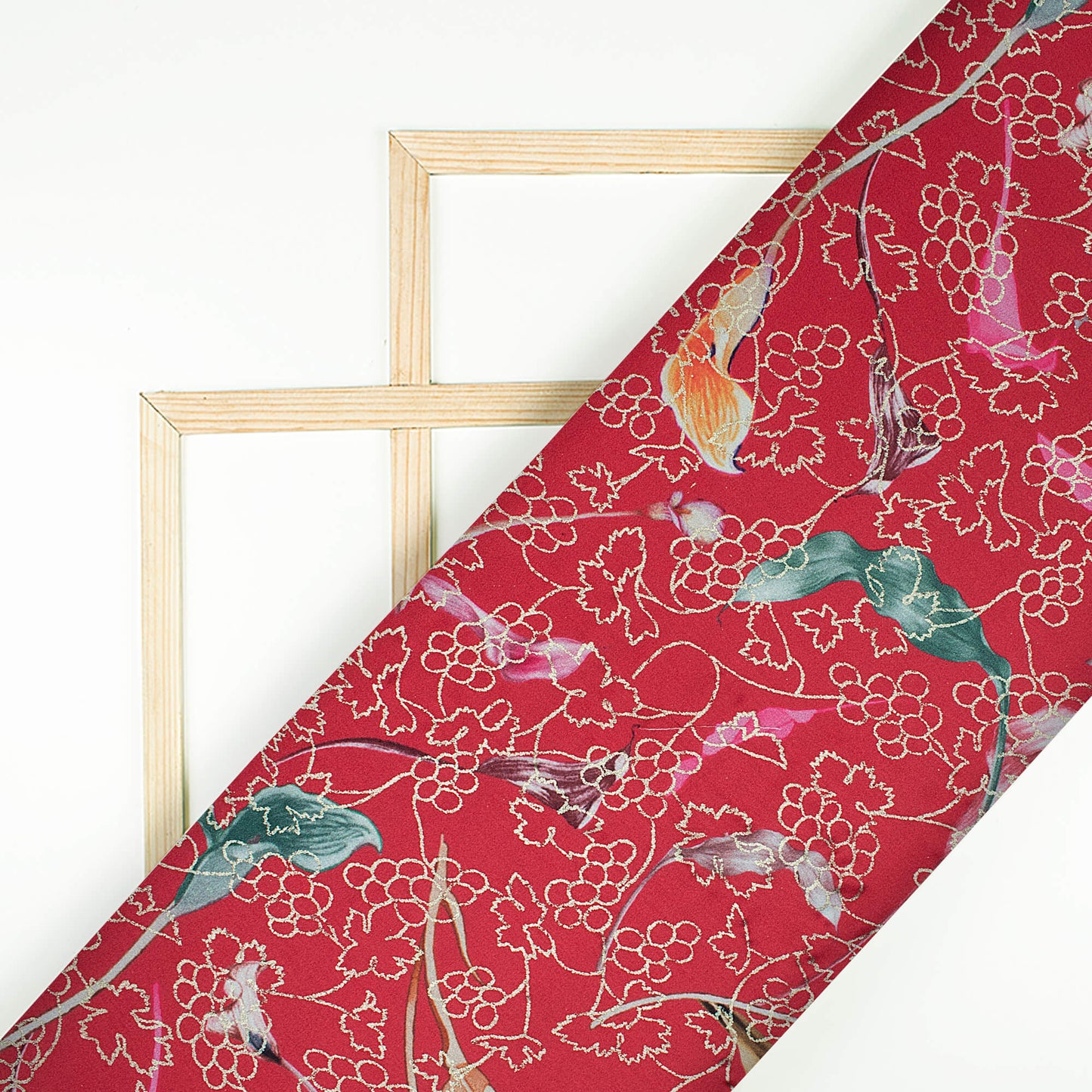 Vermilion Red And Green Leaf Pattern Foil Digital Print Japan Satin Fabric