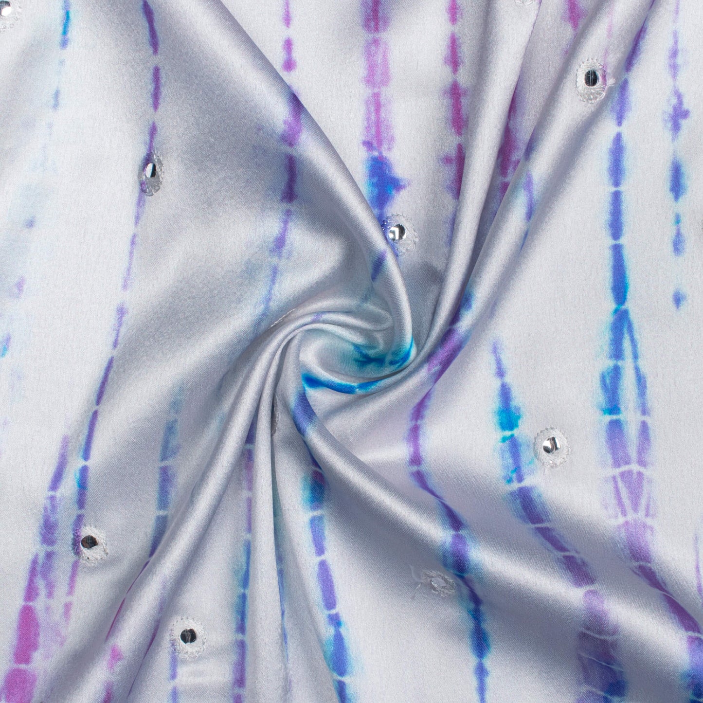 Off White And Purple Shibori Pattern Embroidery With Foil Mirror Work Digital Print Japan Satin Fabric