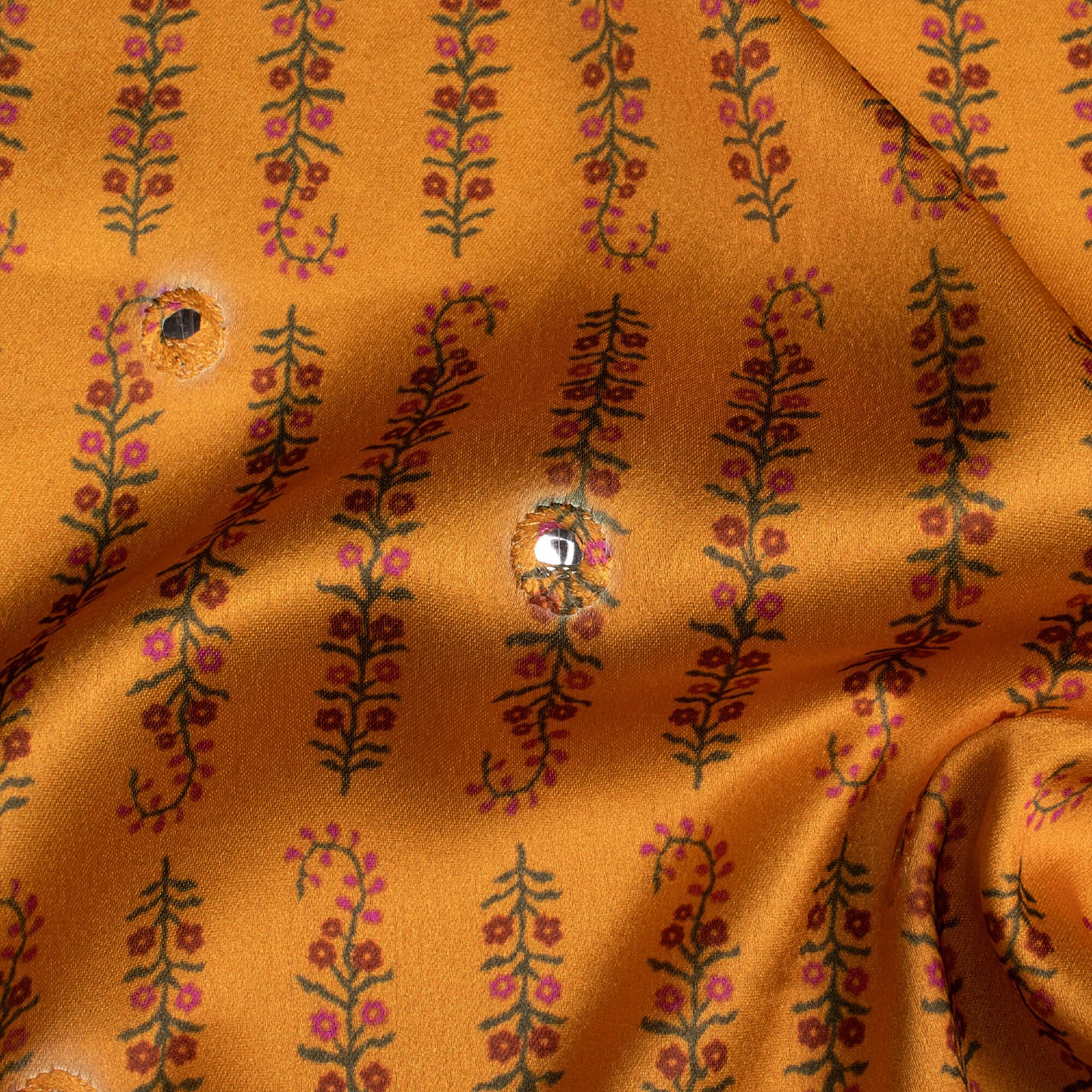 Ochre Yellow And Red Floral Pattern Embroidery With Foil Mirror Work Digital Print Japan Satin Fabric