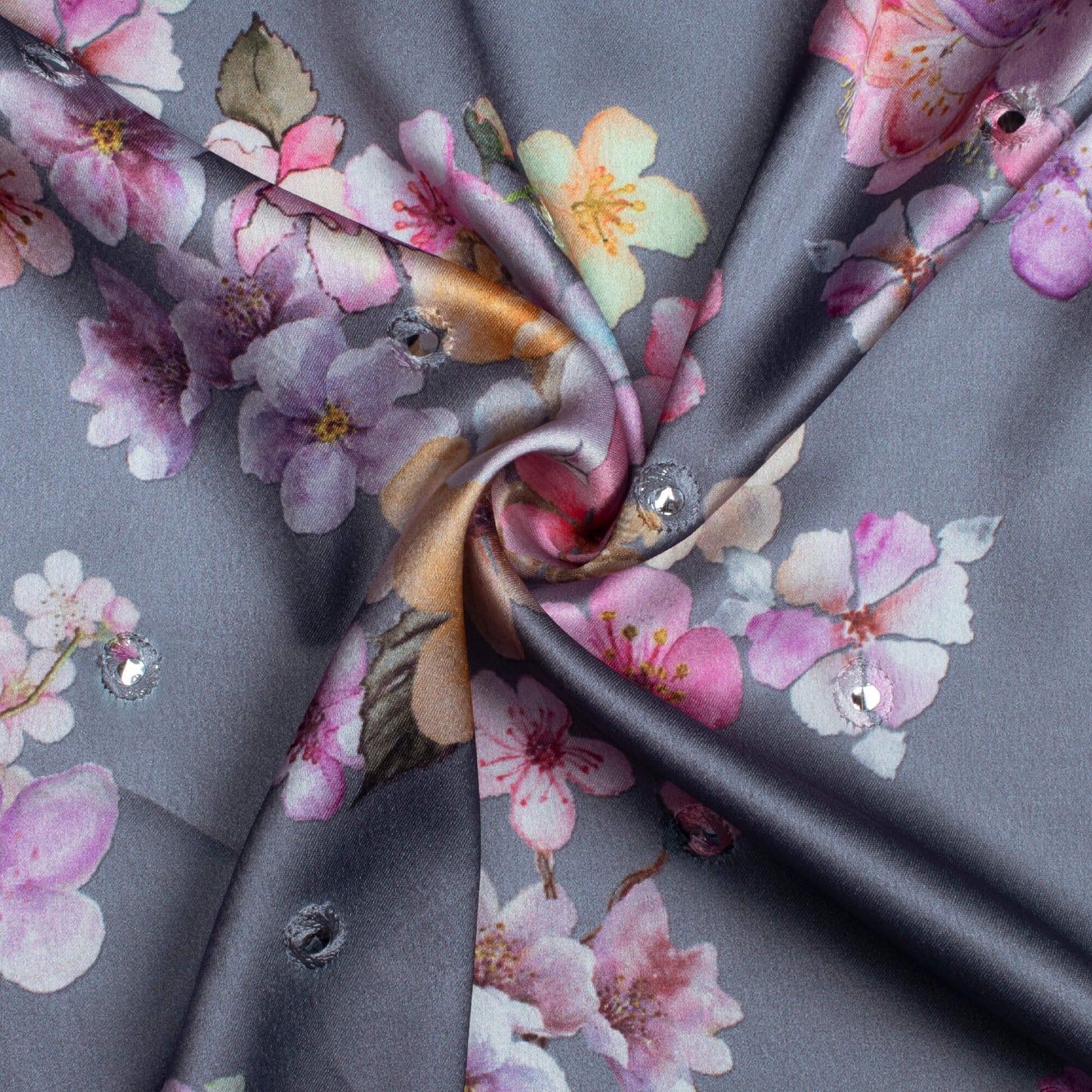 Steel Grey And Purple Floral Pattern Embroidery With Foil Mirror Work Digital Print Japan Satin Fabric