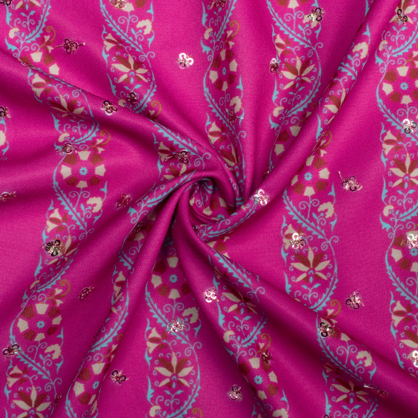Magenta Pink And Oat Beige Stripes Pattern Booti Sequins Digital Print Ultra Premium Butter Crepe Fabric