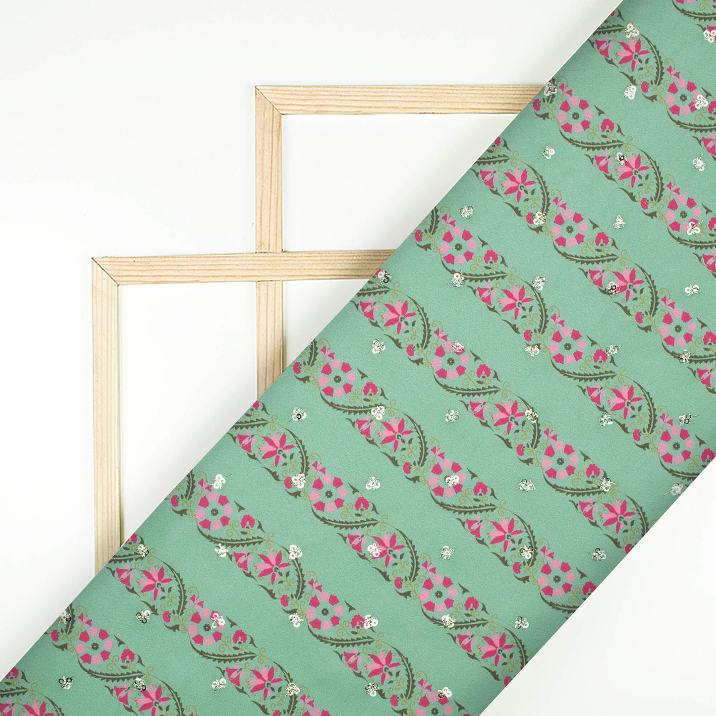 Pistachio Green And Pink Stripes Pattern Booti Sequins Digital Print Ultra Premium Butter Crepe Fabric