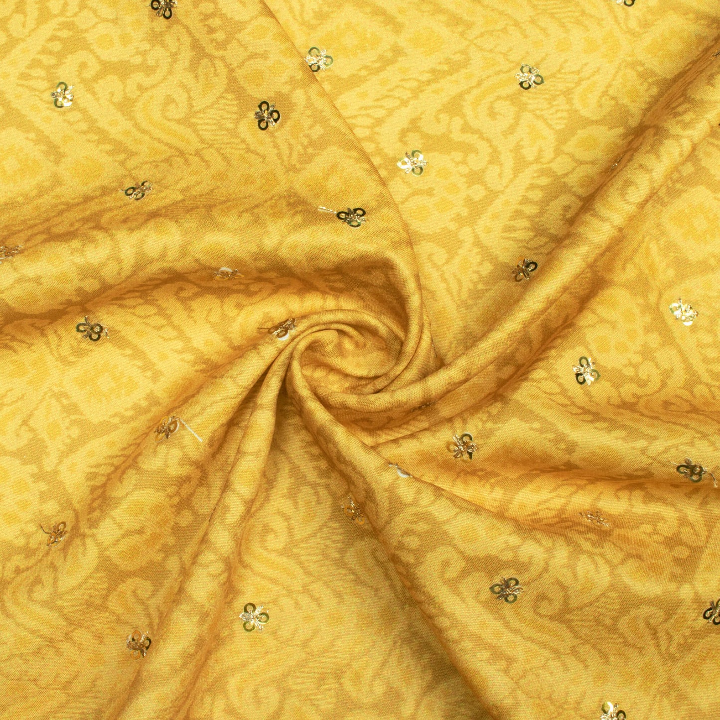 Mustard Yellow Ethnic Pattern Booti Sequins Digital Print Ultra Premium Butter Crepe Fabric