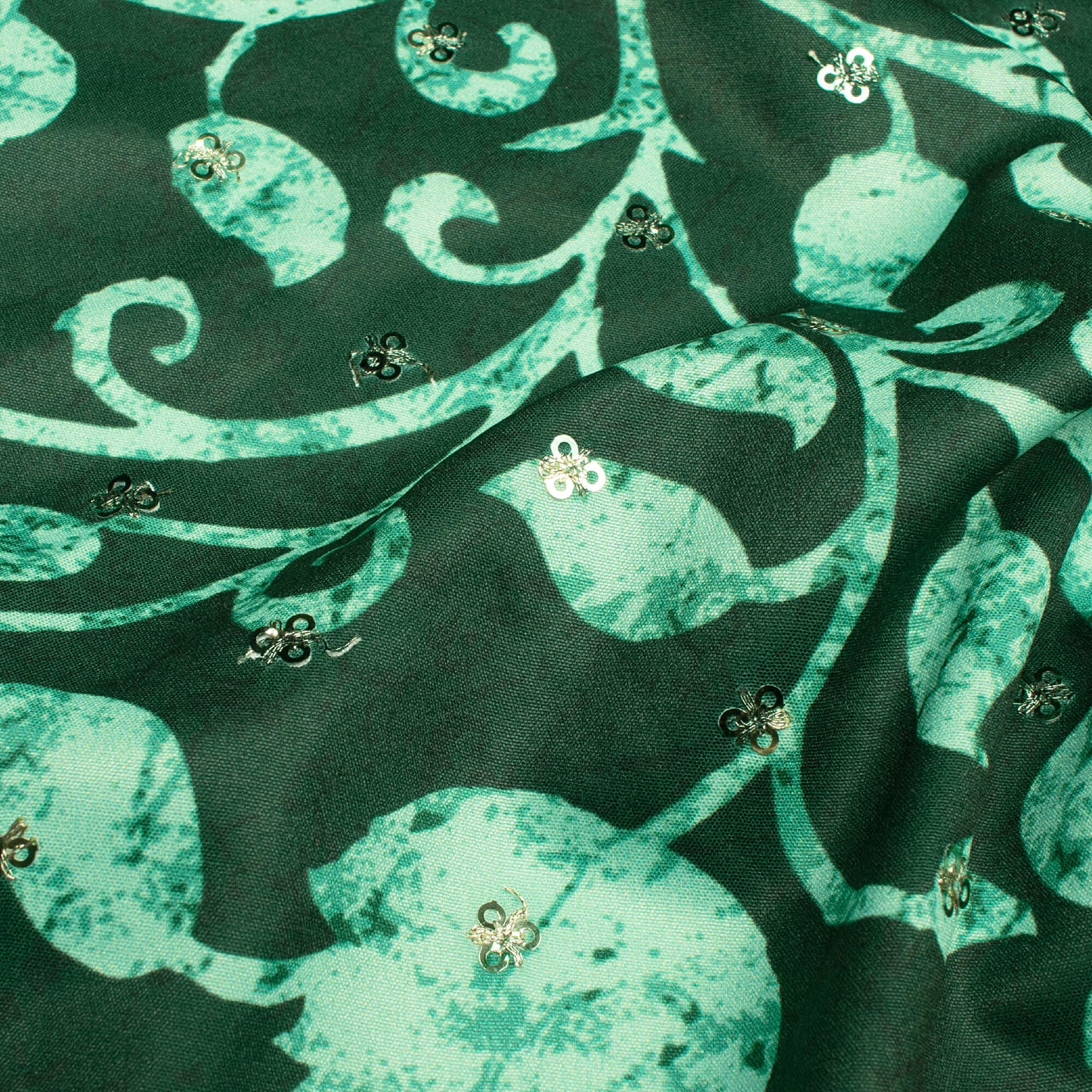 Dark Green And Mint Green Floral Pattern Booti Sequins Digital Print Ultra Premium Butter Crepe Fabric
