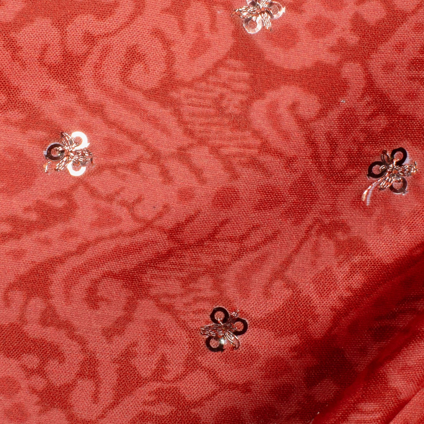 Vermillion Red Ethnic Pattern Booti Sequins Digital Print Poly Muslin Fabric