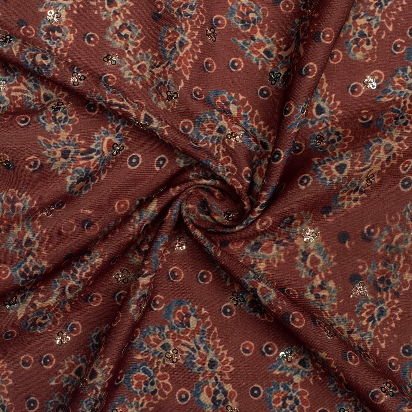 Cinnamon Brown Floral Pattern Booti Sequins Digital Print Poly Muslin Fabric