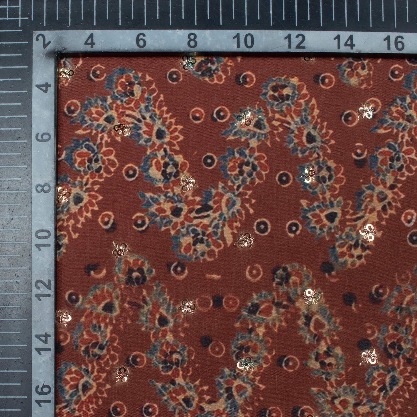 Cinnamon Brown Floral Pattern Booti Sequins Digital Print Poly Muslin Fabric