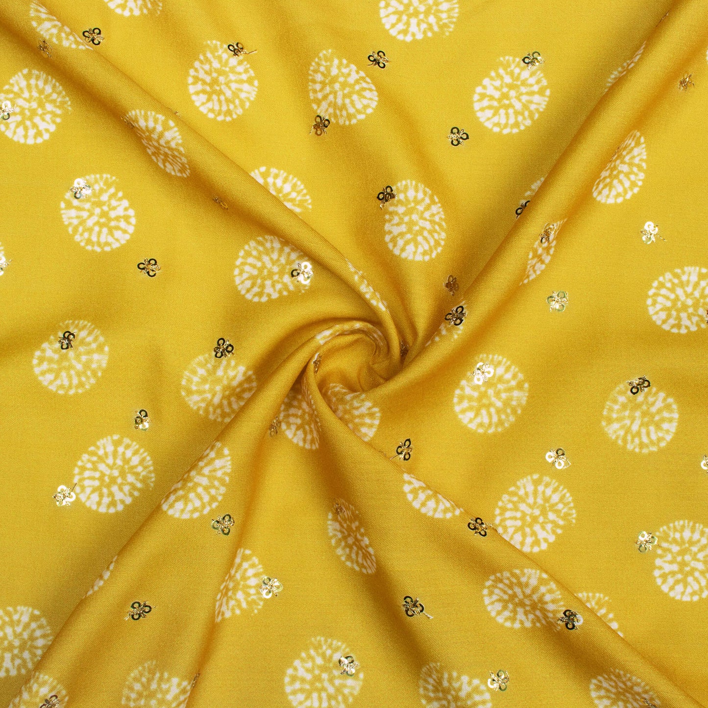 Pineapple Yellow And White Geometric Pattern Booti Sequins Digital Print Poly Muslin Fabric