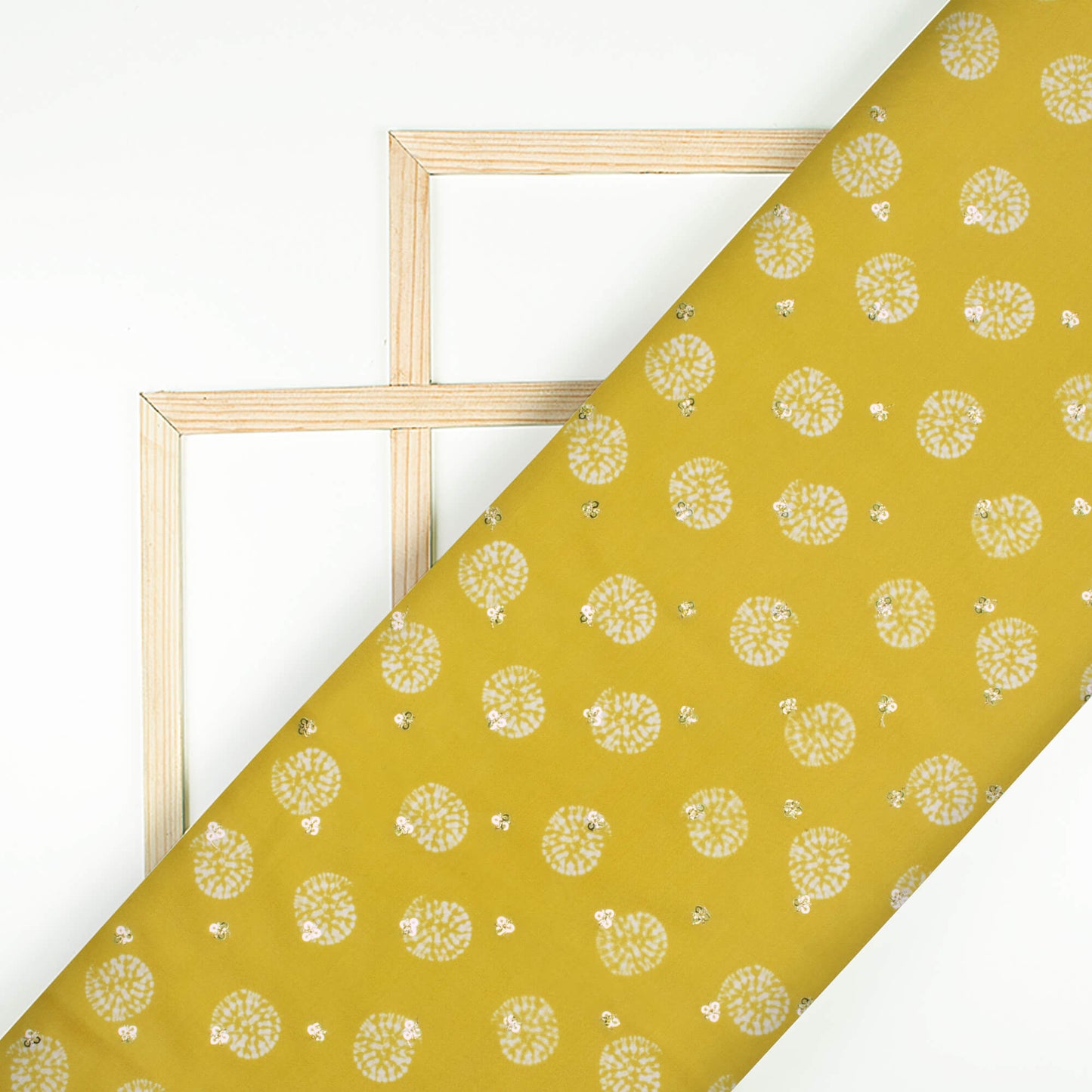 Pineapple Yellow And White Geometric Pattern Booti Sequins Digital Print Poly Muslin Fabric