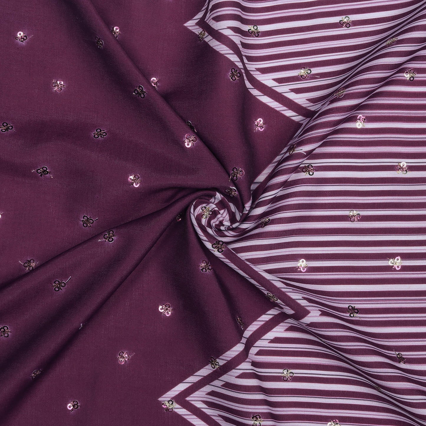 Eggplant Purple And White Daman Pattern Booti Sequins Digital Print Poly Muslin Fabric