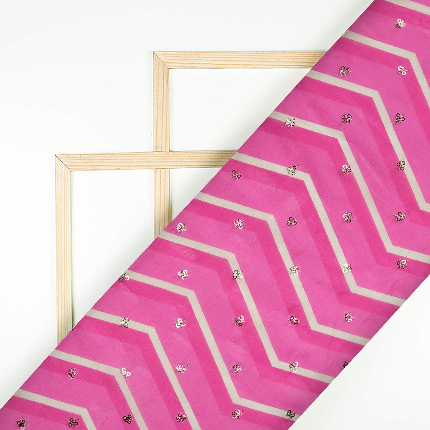 Taffy Pink And White Chevron Pattern Digital Print Booti Sequins Premium Liquid Organza Fabric