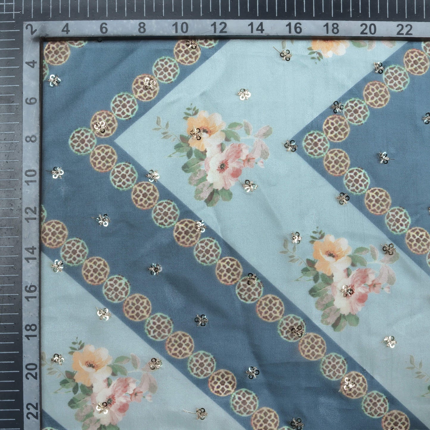 Teal Blue And Peach Floral Pattern Digital Print Booti Sequins Premium Liquid Organza Fabric