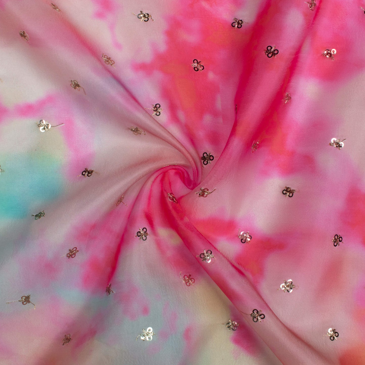 Pink And Peach Tie & Dye Pattern Digital Print Booti Sequins Premium Liquid Organza Fabric