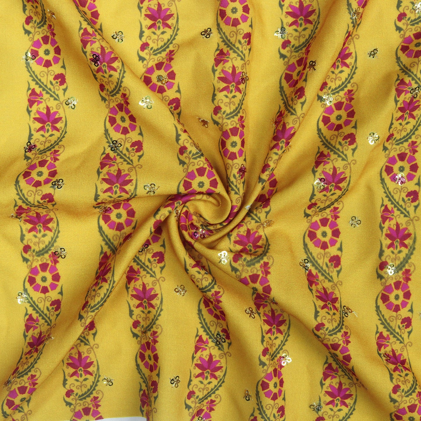 Pineapple Yellow And Magenta Pink Stripes Pattern Digital Print Booti Sequins Poly Rayon Fabric