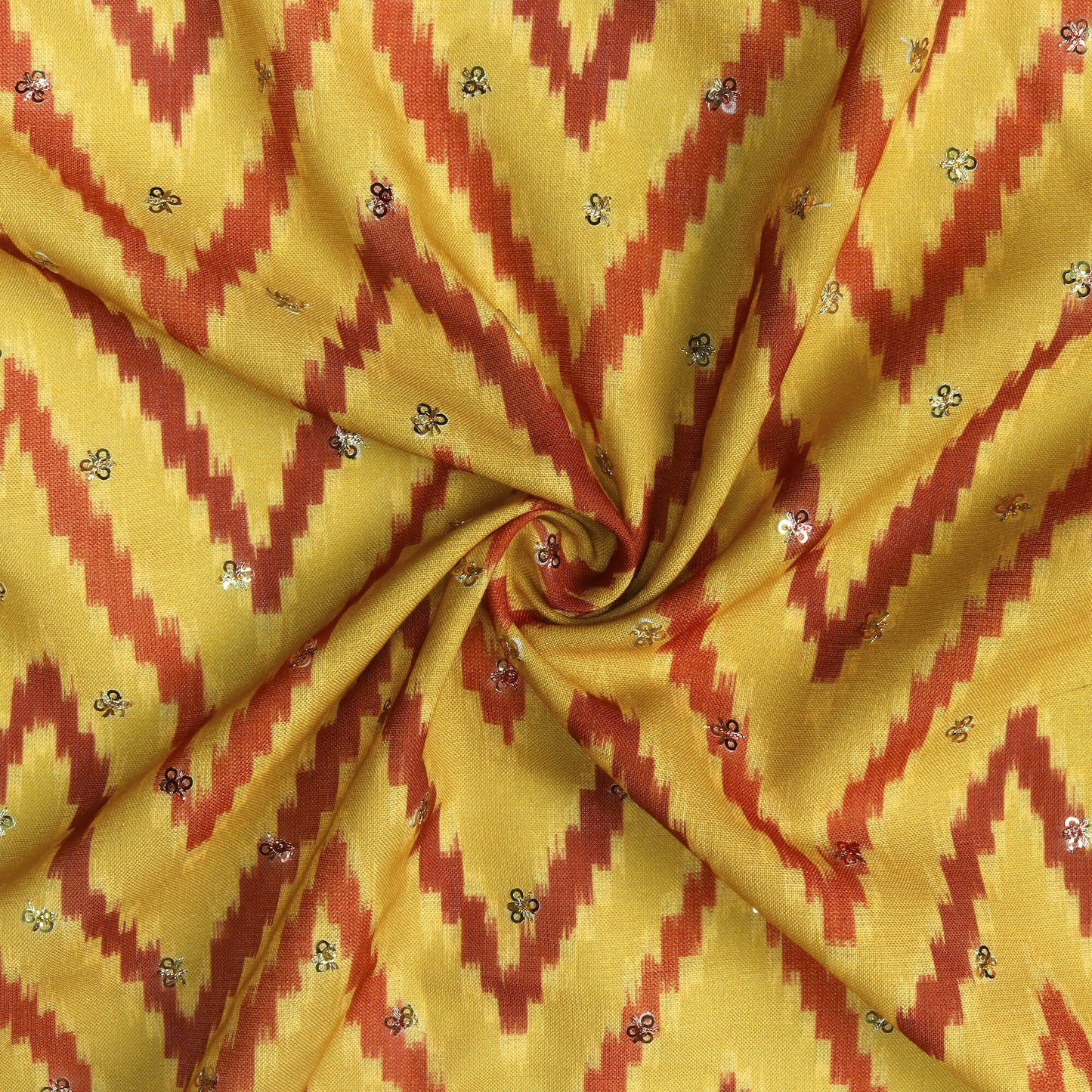 Dijon Yellow And Sepia Brown Chevron Pattern Digital Print Booti Sequins Poly Rayon Fabric