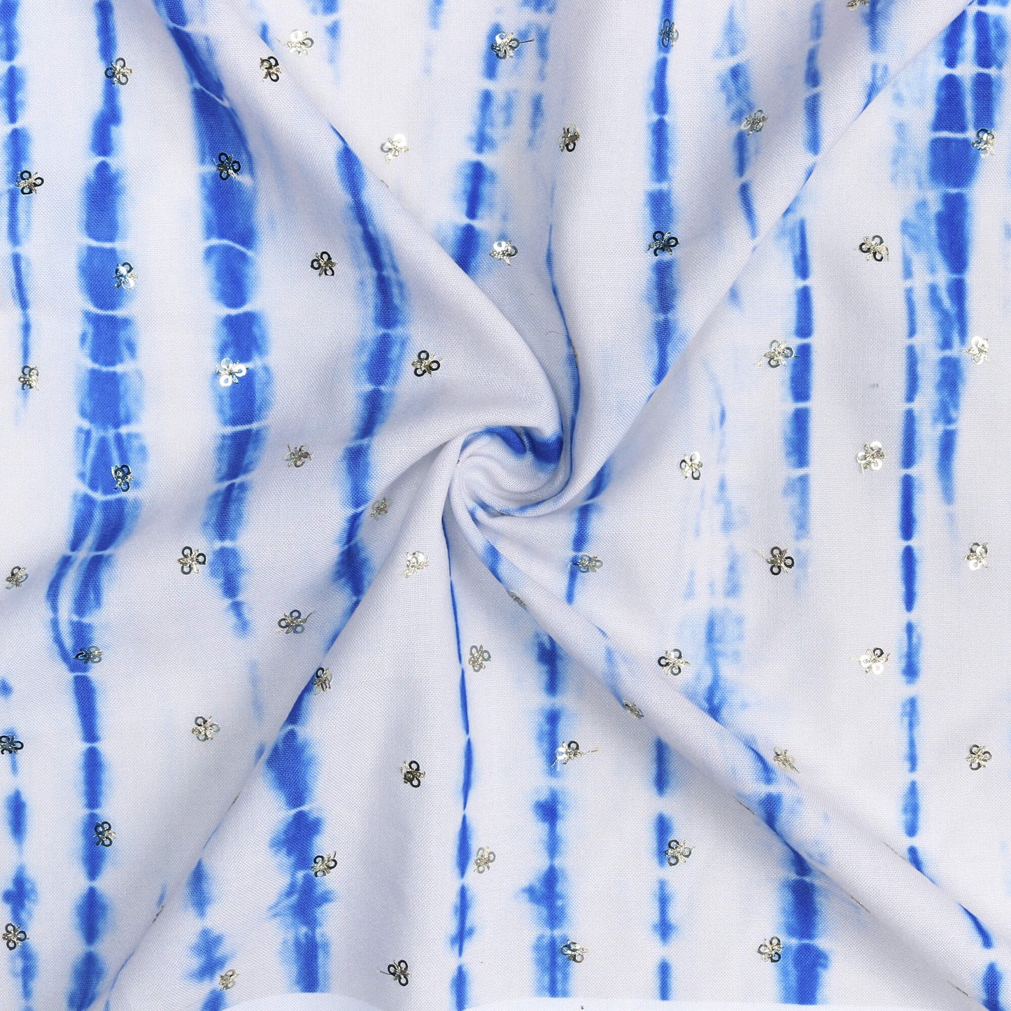 Off White And Royal Blue Shibori Pattern Digital Print Booti Sequins Poly Rayon Fabric