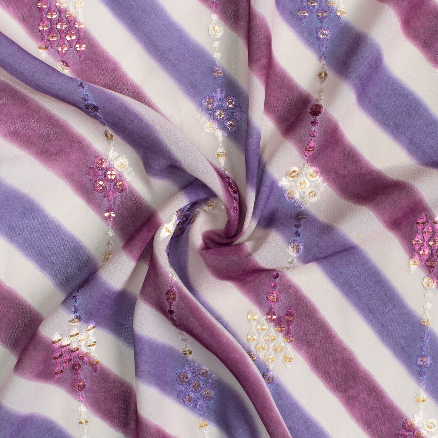 Purple And Oat Beige Leheriya Pattern Stripes Sequins Embroidery Digital Print Georgette Fabric