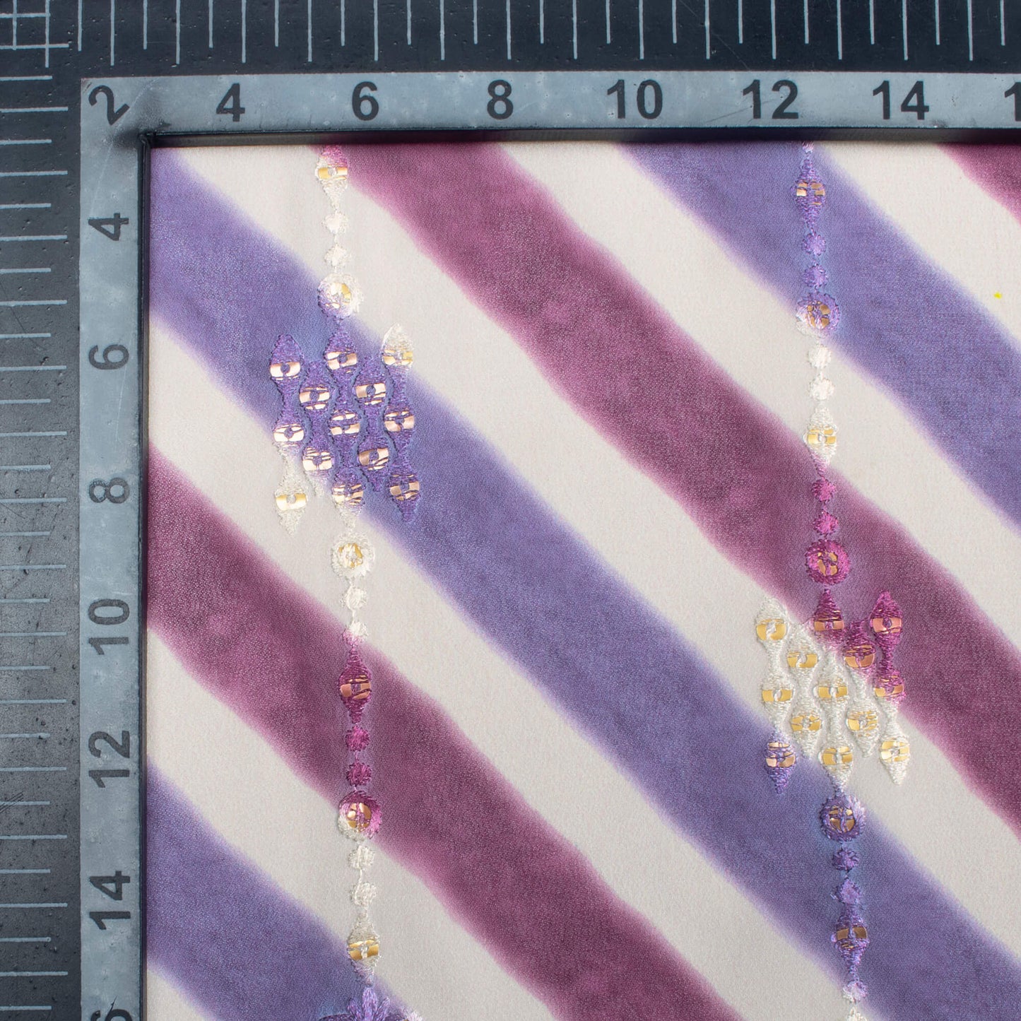 Purple And Oat Beige Leheriya Pattern Stripes Sequins Embroidery Digital Print Georgette Fabric