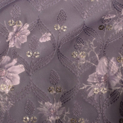 Smoke Purple Floral Pattern Trellis Zari Sequins Embroidery Digital Print Georgette Fabric