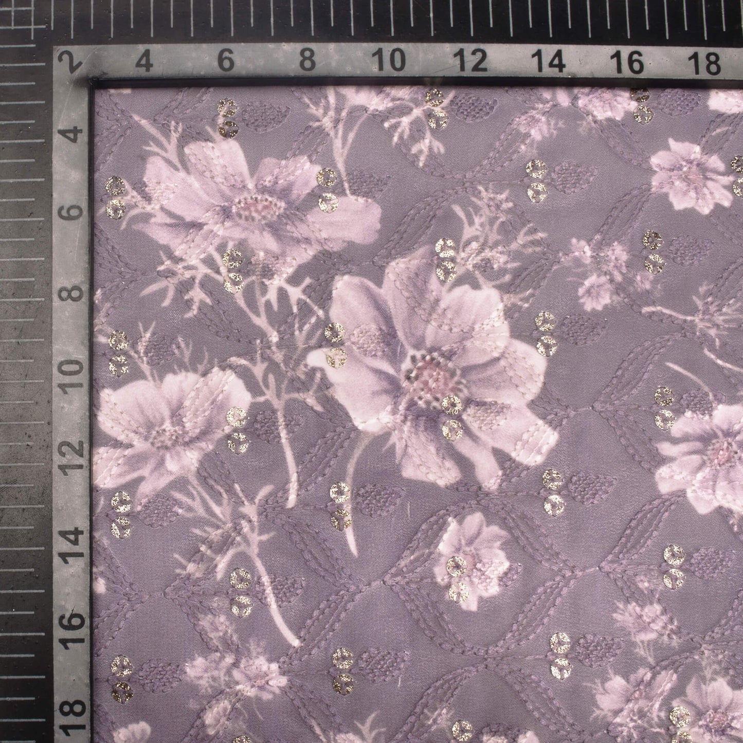 Smoke Purple Floral Pattern Trellis Zari Sequins Embroidery Digital Print Georgette Fabric