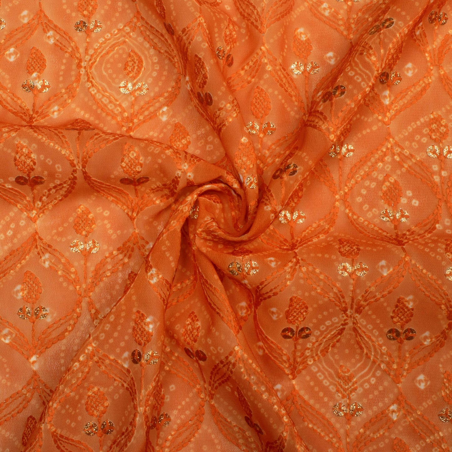 Orange Bandhani Pattern Trellis Zari Sequins Embroidery Digital Print Georgette Fabric