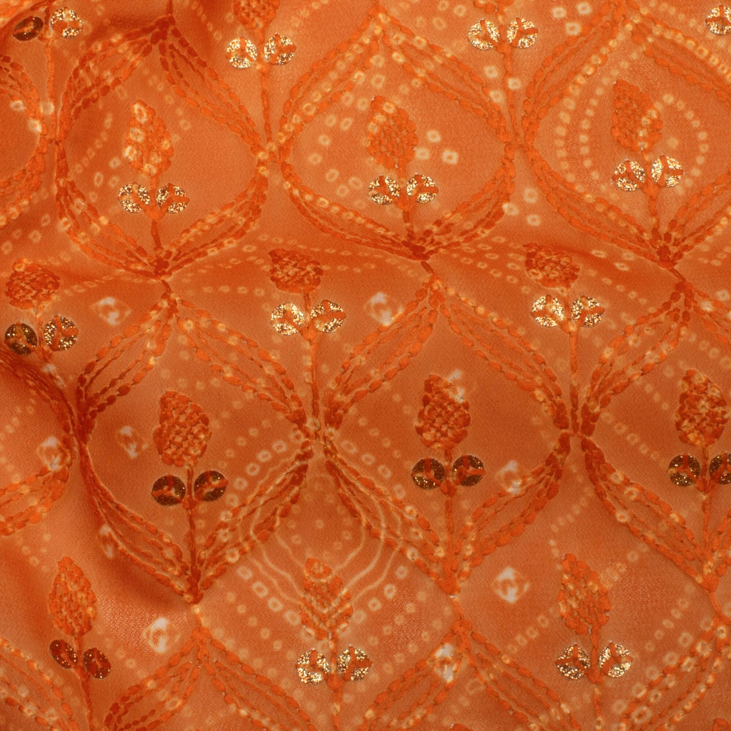 Orange Bandhani Pattern Trellis Zari Sequins Embroidery Digital Print Georgette Fabric