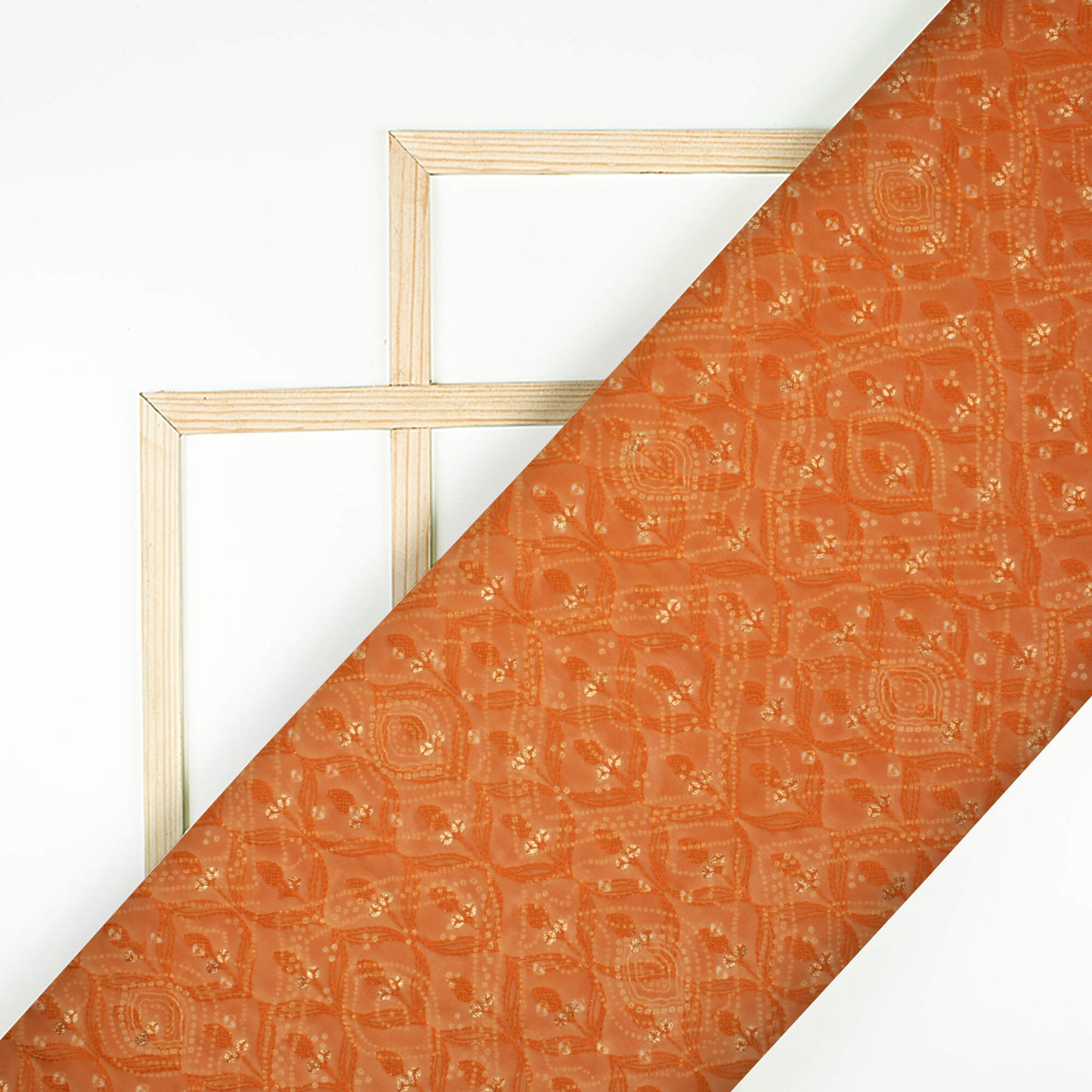 Orange Bandhani Pattern Trellis Zari Sequins Embroidery Digital Print Georgette Fabric