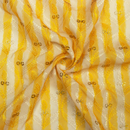 Yellow And White Stripes Pattern Trellis Zari Sequins Embroidery Digital Print Georgette Fabric