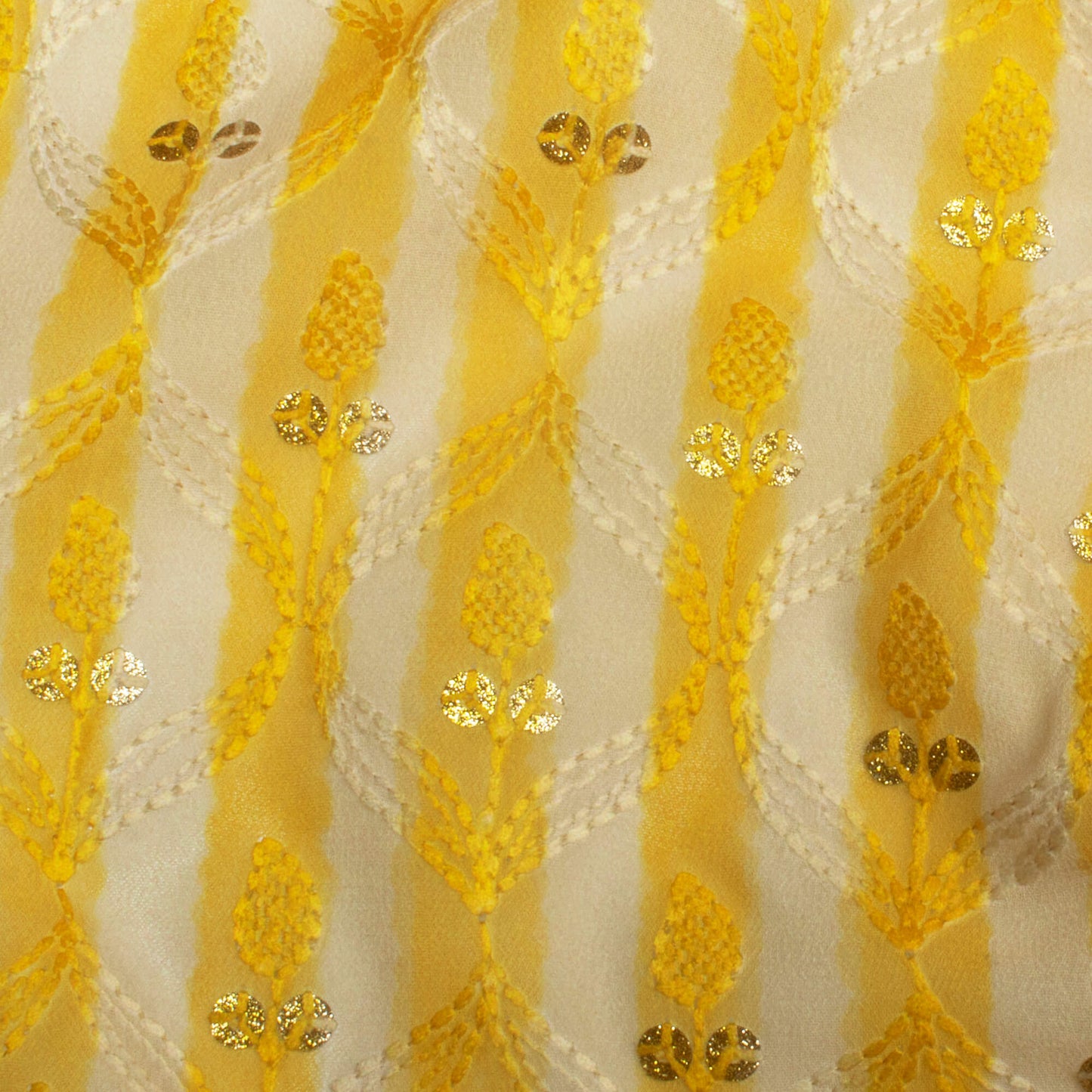 Yellow And White Stripes Pattern Trellis Zari Sequins Embroidery Digital Print Georgette Fabric