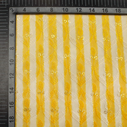 Yellow And White Stripes Pattern Trellis Zari Sequins Embroidery Digital Print Georgette Fabric