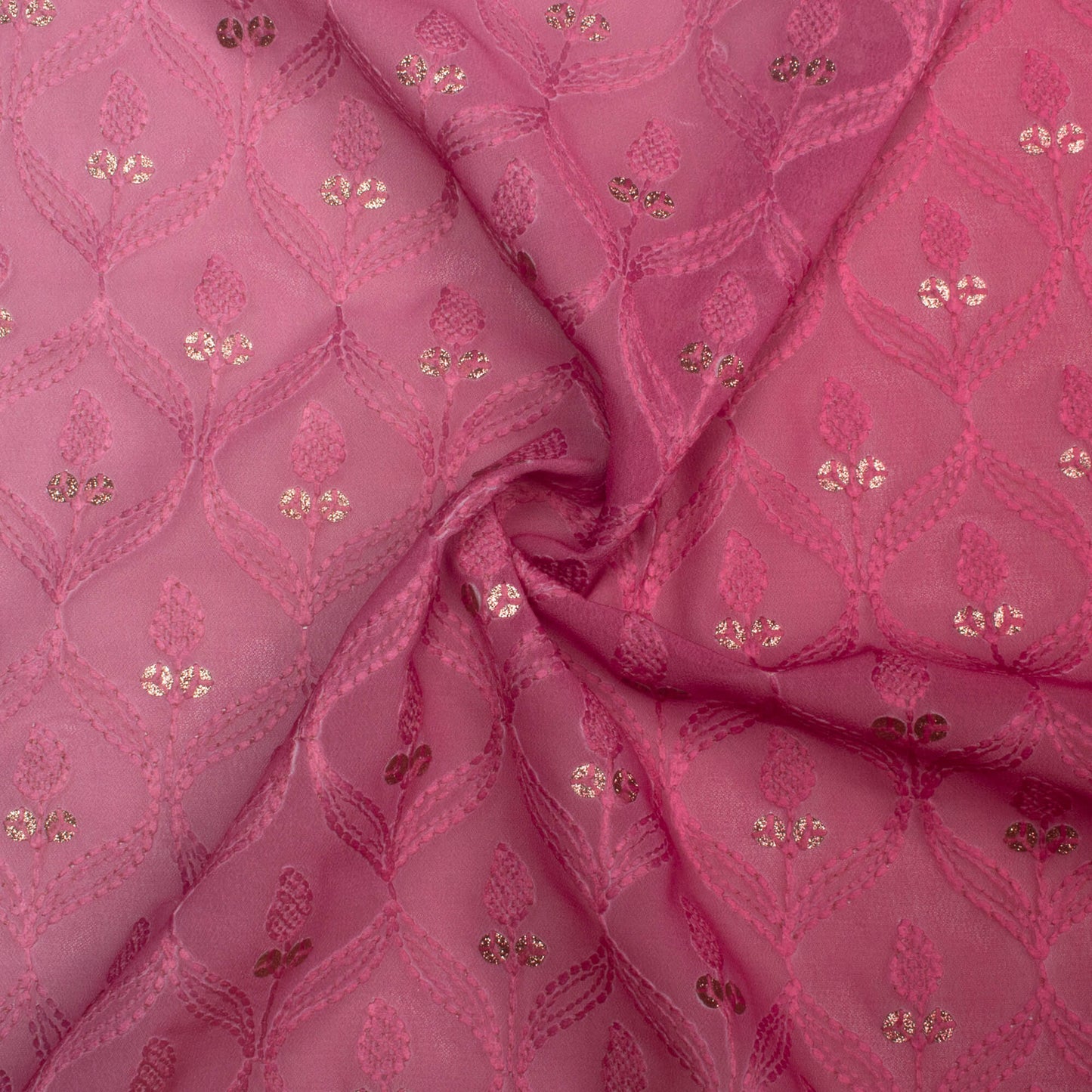 Deep Pink Ombre Pattern Trellis Zari Sequins Embroidery Digital Print Georgette Fabric