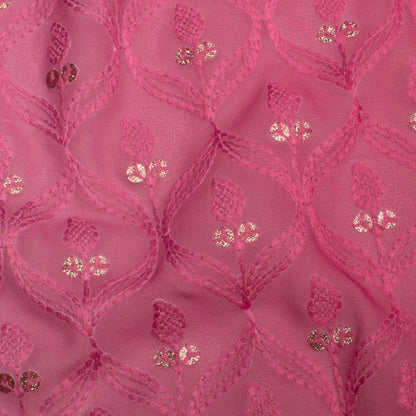 Deep Pink Ombre Pattern Trellis Zari Sequins Embroidery Digital Print Georgette Fabric