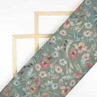 Sage Green And Red Floral Pattern Digital Print Elegant Blend Pashmina Fabric