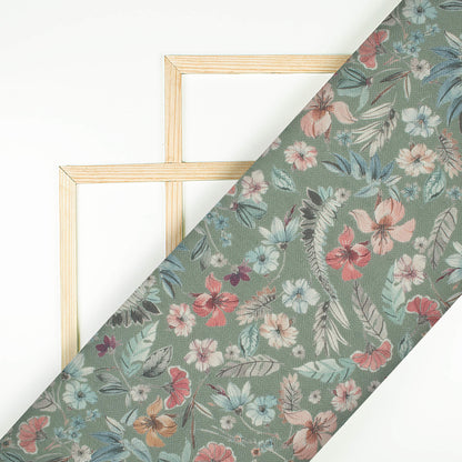 Sage Green And Red Floral Pattern Digital Print Elegant Blend Pashmina Fabric