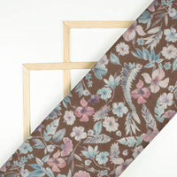 Umber Brown And Pink Floral Pattern Digital Print Elegant Blend Pashmina Fabric