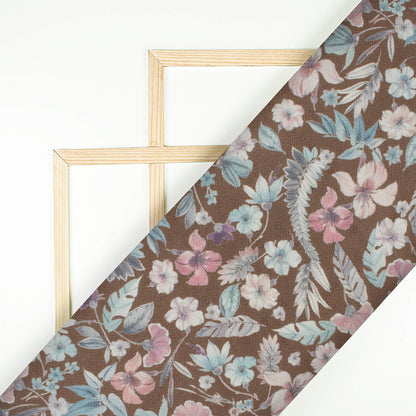 Umber Brown And Pink Floral Pattern Digital Print Elegant Blend Pashmina Fabric