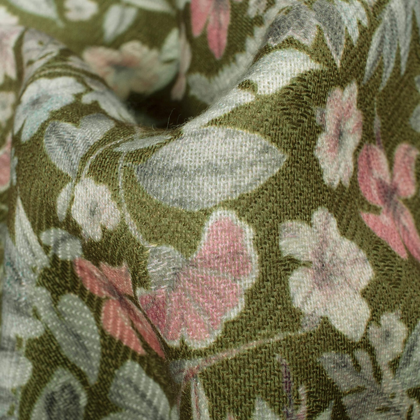 Olive Green And Pink Floral Pattern Digital Print Elegant Blend Pashmina Fabric